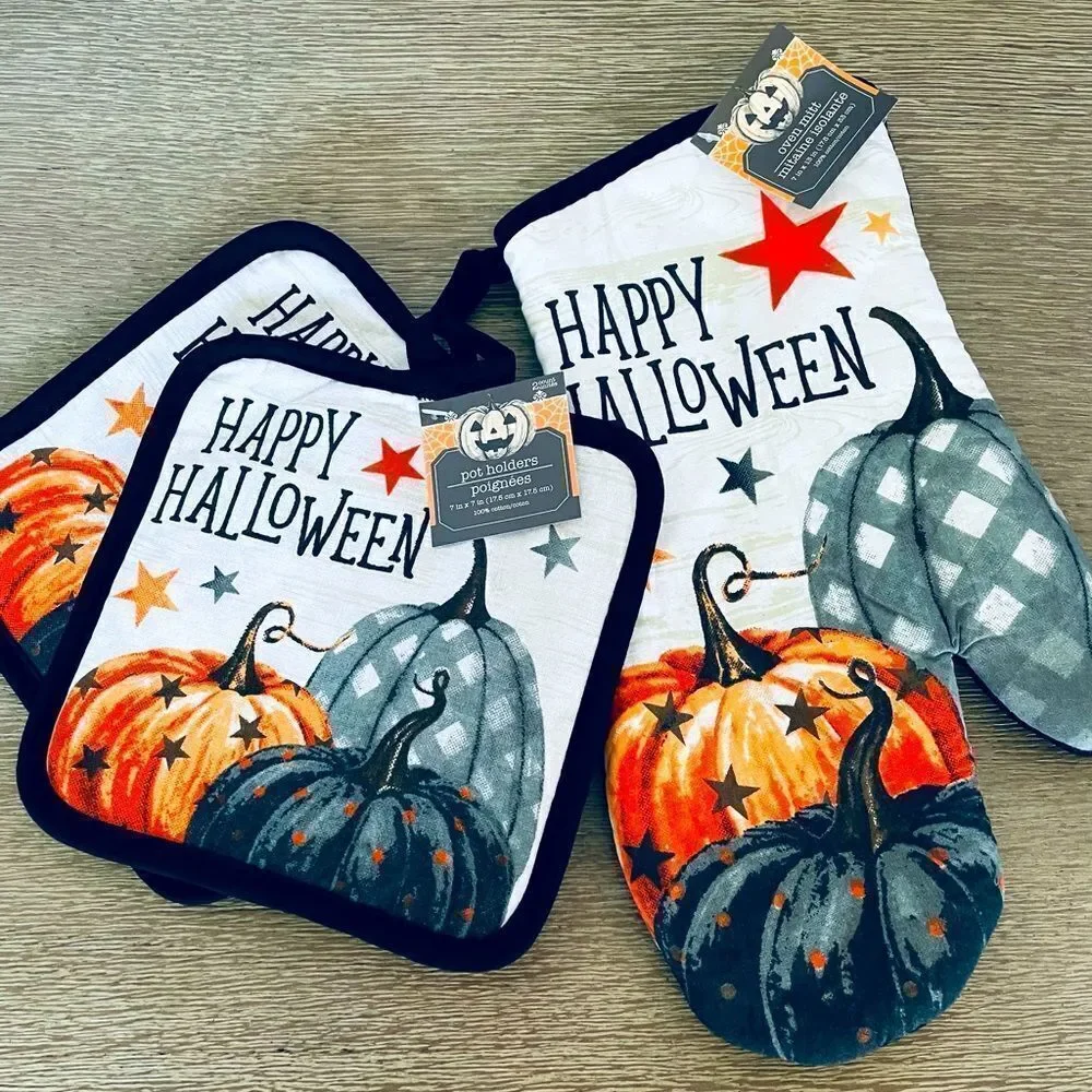 Halloween Pumpkin 3-pc Pot Holders & Oven Mitt Set